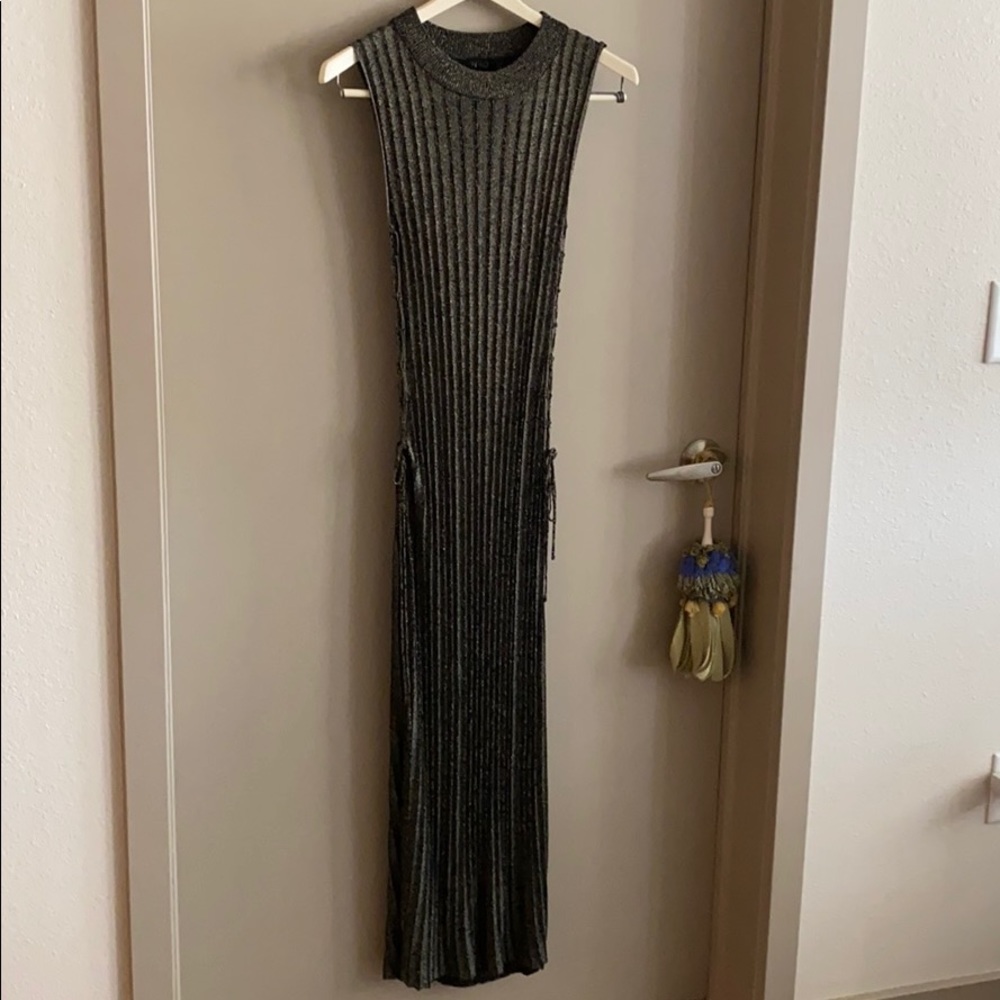NBD Blk/Gold Metallic Lurex Ribbed Maxi Dress